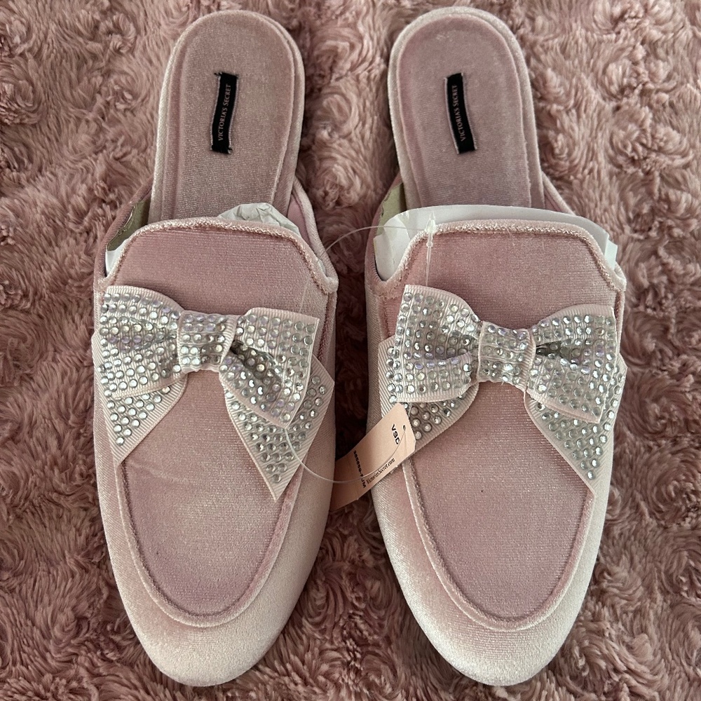 Velvet Victoria's Secret Rhinestone Bow Pink Slide Slippers
